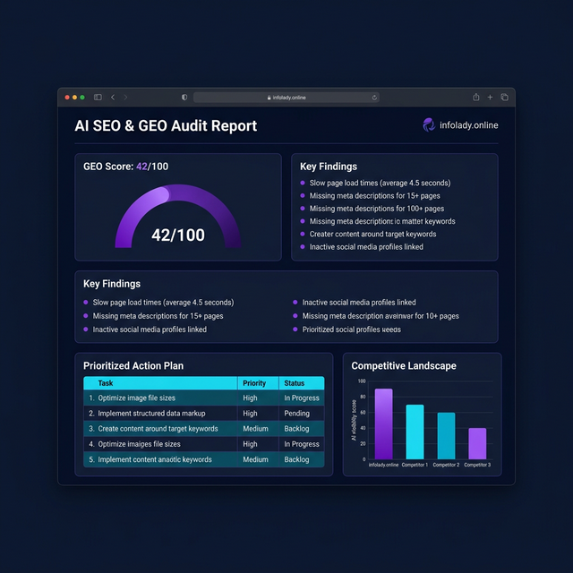 Sample AI SEO & GEO audit report showing GEO Score, Key Findings, Prioritized Action Plan, and Competitive Landscape sections
